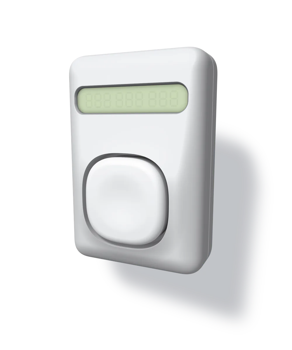 The clikme counter: a white plastic slab with a nine-digit seven-segment display and one large key, turned a little to show its rounded flank